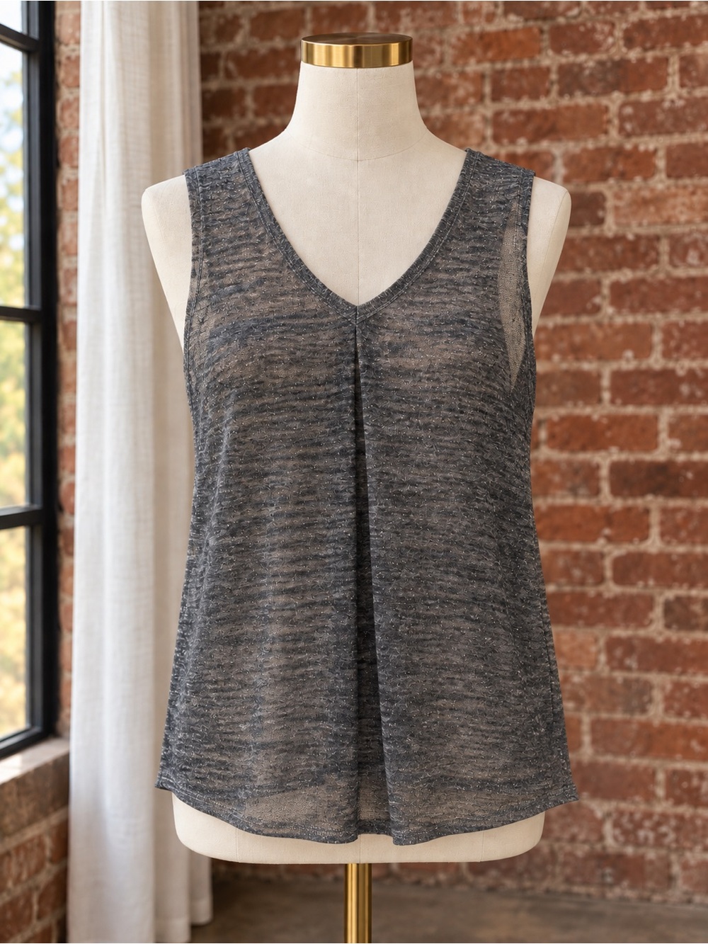 Eileen Fisher Metallic Charcoal Semi-Sheer Knit V-Neck Top XSmall